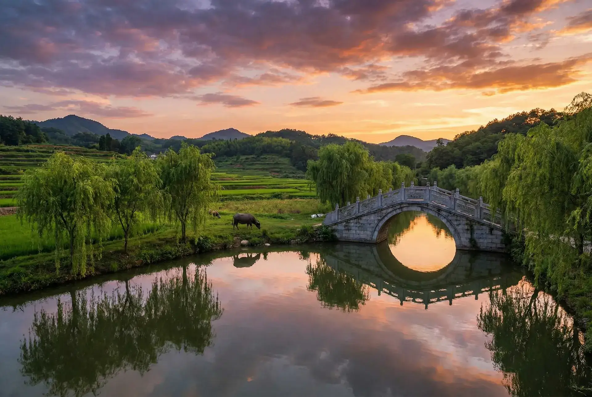 夕阳下的石拱桥与垂柳，水牛在河边吃草 - 今天什么日子淘宝灰色 乡村美景